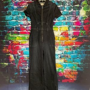 ALICE + OLIVIA JEANS Denim Jumpsuit Size 28 Wide Leg Zip Front Short Sleeve